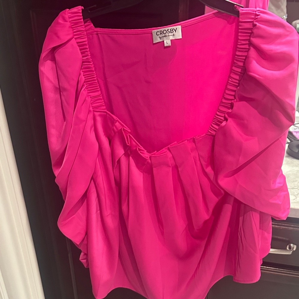 CROSBY by Mollie Burch Hot Pink Puff-Sleeve Square-Neck Blouse